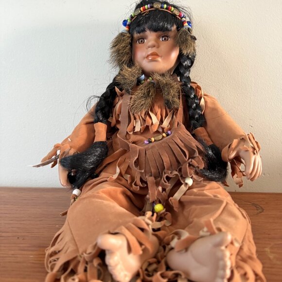 Native American Inspired Collectible Porcelain Doll With Intricate Beadwork & Su - Picture 7 of 12